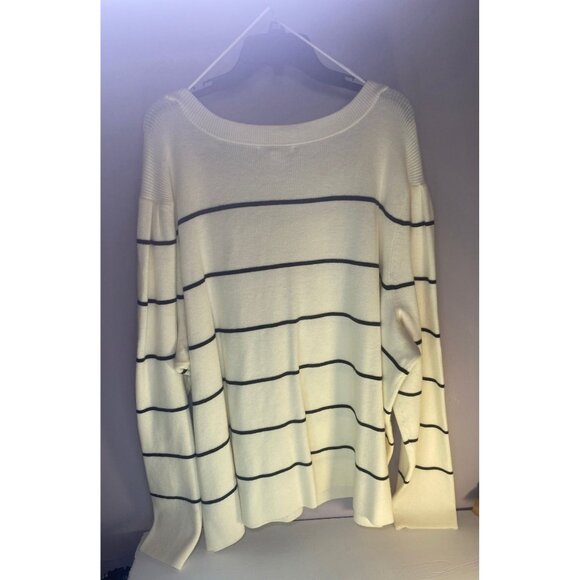 Liz Claiborne Womens 3X Cream & Black Striped Sweater Square Neck Stretchy - Picture 2 of 5